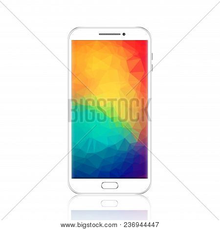 Modern Smartphone With Geometric Polygonal Screensaver. Realistic Detailed White Cellphone, Mobile P