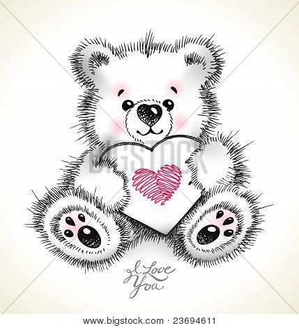 Hand Drawn peludo osito de peluche con un corazón en las patas.
