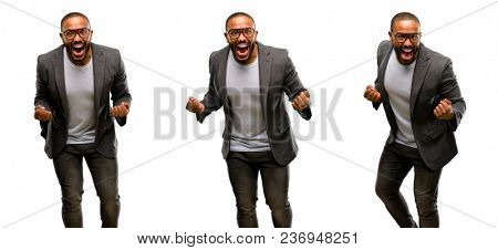 African american man with beard happy and excited celebrating victory expressing big success, power, energy and positive emotions. Celebrates new job joyful