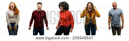 Group of cool people, woman and man stressful, terrified in panic, shouting exasperated and frustrated. Unpleasant gesture. Annoying work drives me crazy