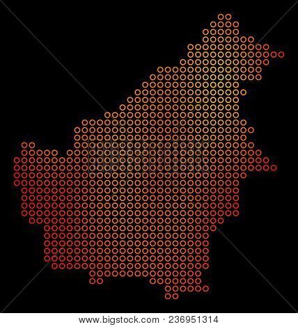 Dotted Orange Borneo Island Map. Vector Geographic Map In Orange Color Shades On A Black Background.