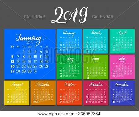 Stylish Menology 2019. January Separately, Multicolored Sheets On Dark Background, Lettering. Vector