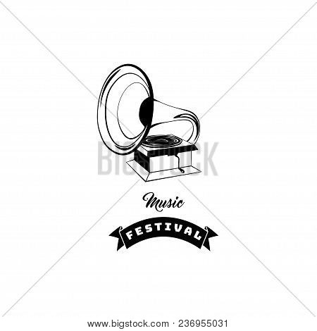 Gramophone Icon. Mesic Festival Logo Label Emblem Design. Musical Device. Vector Illustration.