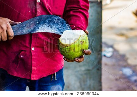 Seller Cutting A Raw Coconut Shell With Sickle To Take Out Coconut Water.