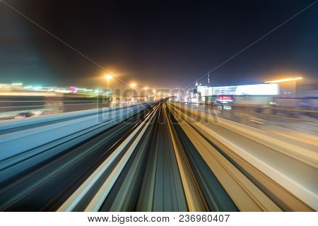 Front Cabin View From Modern Driver-less Metro Train Rush Forward, Along Night Smooth Timelapse. Ove
