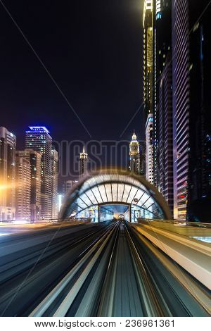 Front Cabin View From Modern Driver-less Metro Train Rush Forward, Along Night Smooth Timelapse. Ove