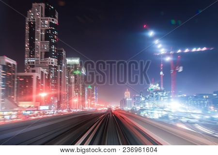 Front Cabin View From Modern Driver-less Metro Train Rush Forward, Along Night Smooth Timelapse. Ove