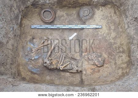 Archaeological Excavations. Top View Of The Burial Of A Person, Bones, Skull With Two Ritual Ceramic