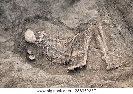 Archaeological Excavations And Finds (bones Of A Skeleton In A Human Burial),   A Detail Of Ancient 