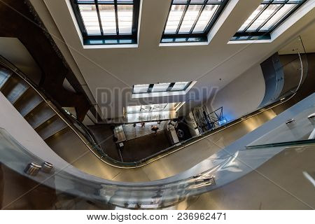 Madrid, Spain - July 9, 2017: High Angle View Of Main Hall Of Telefonica Building In Gran Via