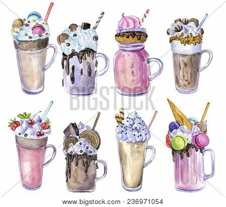 Watercolor Milkshakes With Chocolate, Berries, Ice Cream And Macaroons, Hand Drawn Illustration
