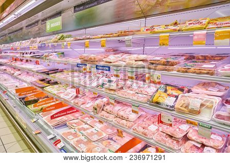 ROME, ITALY - CIRCA NOVEMBER 2017: chicken meat on display in Conad supermarket in Rome.