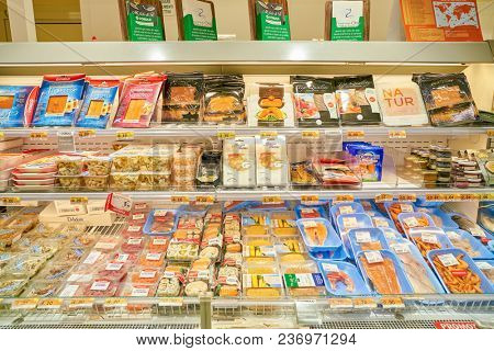 ROME, ITALY - CIRCA NOVEMBER 2017: seafood on display in Conad supermarket in Rome.
