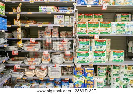 ROME, ITALY - CIRCA NOVEMBER 2017: shelves in Conad supermarket in Rome.