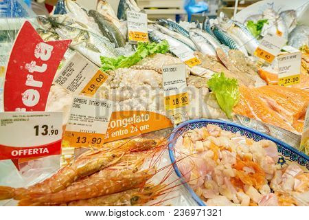 ROME, ITALY - CIRCA NOVEMBER 2017: seafood on display in Conad supermarket in Rome.