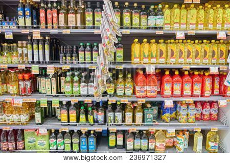 ROME, ITALY - CIRCA NOVEMBER 2017: olive oil on display in Conad supermarket in Rome.