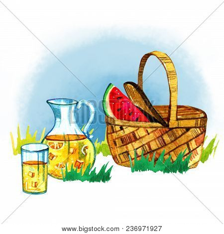 Hand Drawn Watercolor Illustration With Basket, Watermelon And Lemonade On Grass. Picnic, Summer Eat