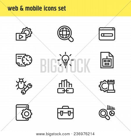 Illustration Of 12 Advertising Icons Line Style. Editable Set Of Bug Fixing, Longtime Contract, Game