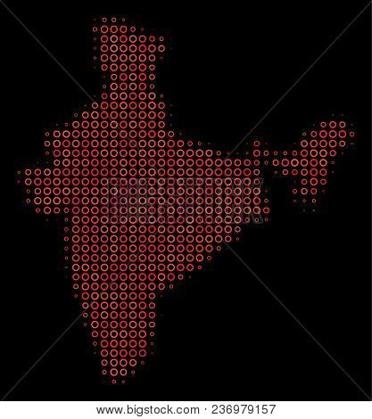 Dot Red Halftone India Map. Vector Territorial Map In Red Color Tints On A Black Background. Vector 