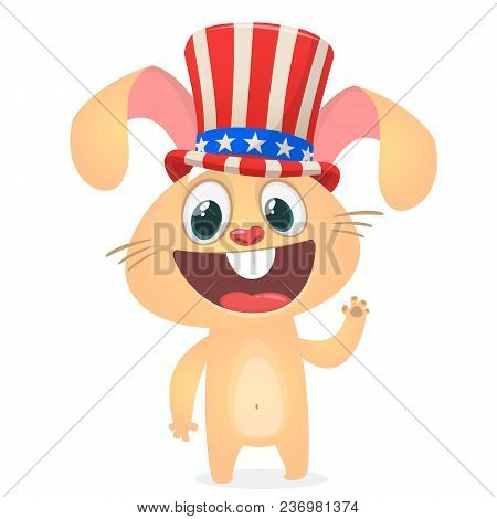 Happy 4th Of July Sticker Card With Cartoon Rabbit. Vector Illustration.