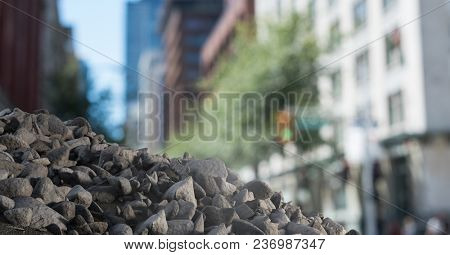Pile of rubble stone in city