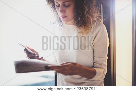 Enjoying Business Travel Concept. Young Beautiful Brunette Tourist Girl Travelling On The Train Stan