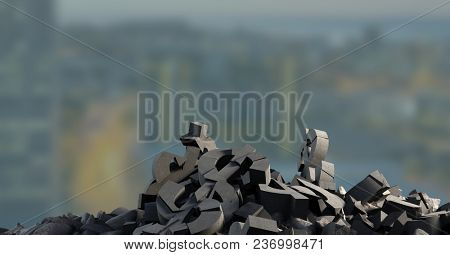 Broken concrete stone with money dollar symbol in cityscape