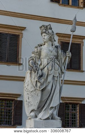 Graz, Austria - October 14, 2019:  Statue In Front Of Eggenberg Palace, The Most Significant Baroque