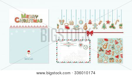 Christmas Design Elements Set. Santa Claus Letter Template A4, Greeting Envelope, Decotrative Banner