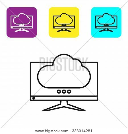 Black Line Computer Monitor Screen Icon Isolated On White Background. Electronic Device. Front View.