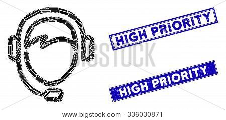 Mosaic Operator Pictogram And Rectangular High Priority Stamps. Flat Vector Operator Mosaic Pictogra