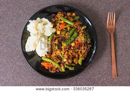 Healthy Plant-based Recipes Concept, Vegan Mince With Minced Veggies And Mash Potatoes