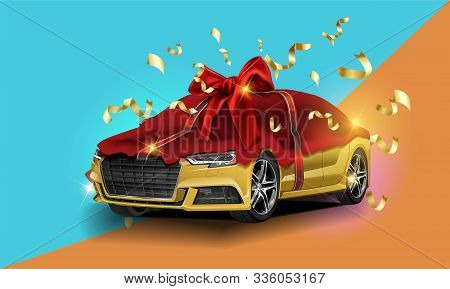 New Car Presentation, Automobile Lottery Prize, Expensive Gift 3d Realistic Vector Concept. Passenge