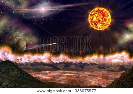 Fantastic View From The Ground 3d Rendering. Solar Activity, Destruction Of The Azone Layer. The Con