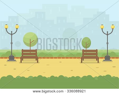 City Park With Bench, Streetlamp And Trees Flat Style. Green Park On Background Of Town With Busines
