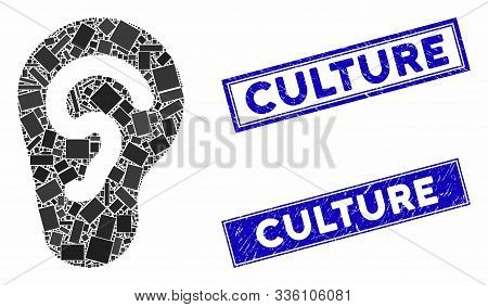 Mosaic Ear Pictogram And Rectangular Culture Seal Stamps. Flat Vector Ear Mosaic Pictogram Of Scatte