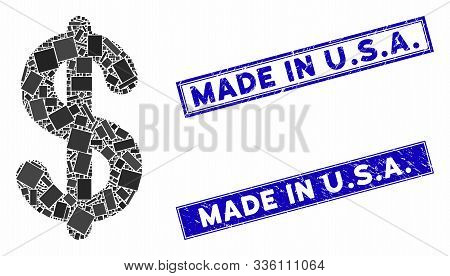 Mosaic Dollar Pictogram And Rectangle Made In U.s.a. Rubber Prints. Flat Vector Dollar Mosaic Pictog