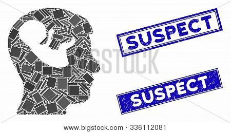Mosaic Embryo Mind Head Icon And Rectangular Suspect Stamps. Flat Vector Embryo Mind Head Mosaic Ico