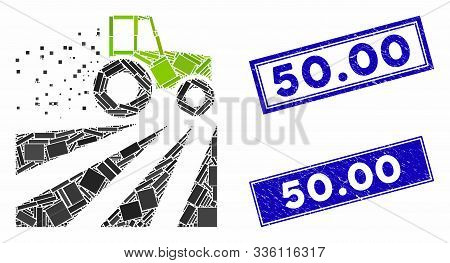 Mosaic Tractor Dust Field Icon And Rectangular 50.00 Seals. Flat Vector Tractor Dust Field Mosaic Ic