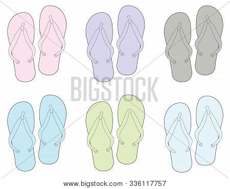 Several Colot Flip Flop Shoe Outline Silhouette On A White Background