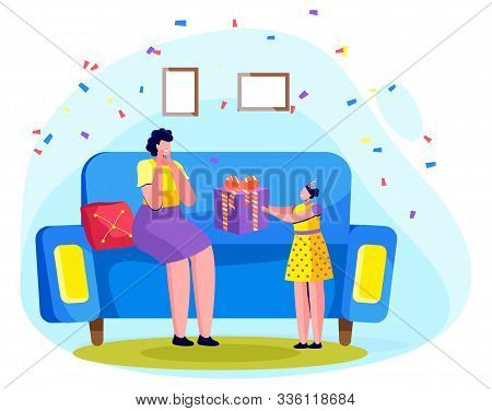 Family Celebration At Home. Daughter Congratulates Mother With Birthday. Kiddo Holding Present With 