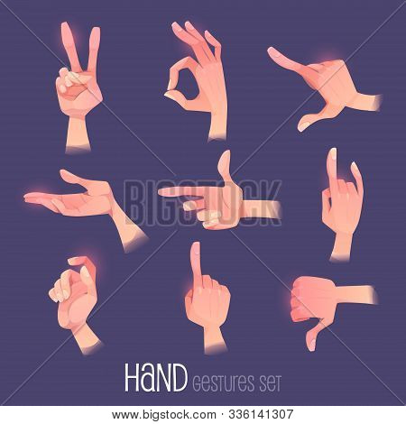 Hand Gestures Set. Human Palm In Different Positions Gesturing, Show Direction, Victory, Ok Thumb Do
