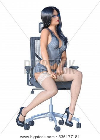 Long-haired Brunette Secretary In White Stocking.