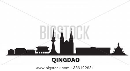 China, Qingdao City Skyline Isolated Vector Illustration. China, Qingdao Travel Black Cityscape
