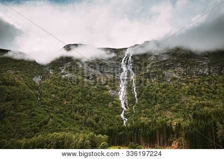 Stardalen, Skei I Jolster, Jostedalsbreen National Park, Norway. Waterfall In Norwegian Summer Lands