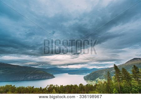 Utvik, Sogn Og Fjordane County, Norway. Norwegian Mountain Lake Landscape. The Innvikfjord Is A Sub-