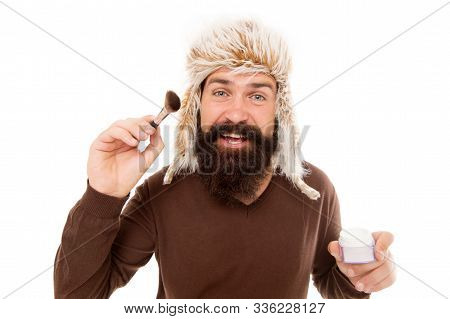 Freak Visagiste. Applying Makeup Face Tone. Powder Cosmetics. Man Bearded Fashion Stylist Wear Hat H