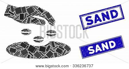 Mosaic Sow Seeds Icon And Rectangular Sand Stamps. Flat Vector Sow Seeds Mosaic Icon Of Scattered Ro