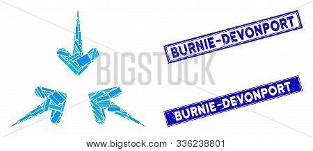 Mosaic Impact Arrows Icon And Rectangular Burnie-devonport Seal Stamps. Flat Vector Impact Arrows Mo