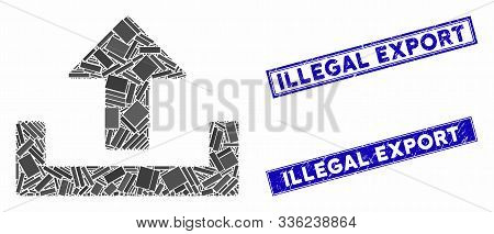 Mosaic Upload Pictogram And Rectangular Illegal Export Seal Stamps. Flat Vector Upload Mosaic Pictog